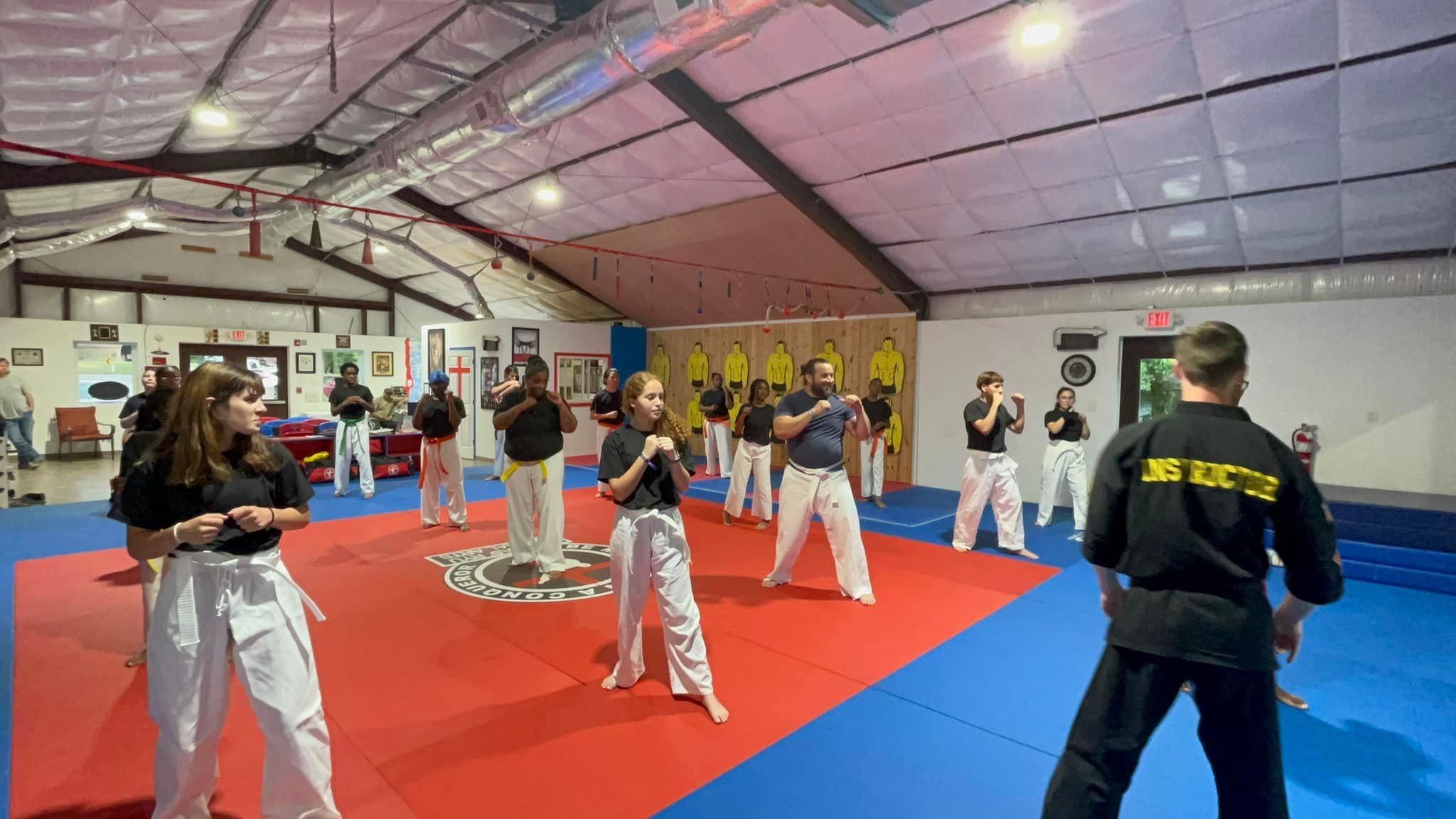 Adult martial arts and fitness class training on the mat