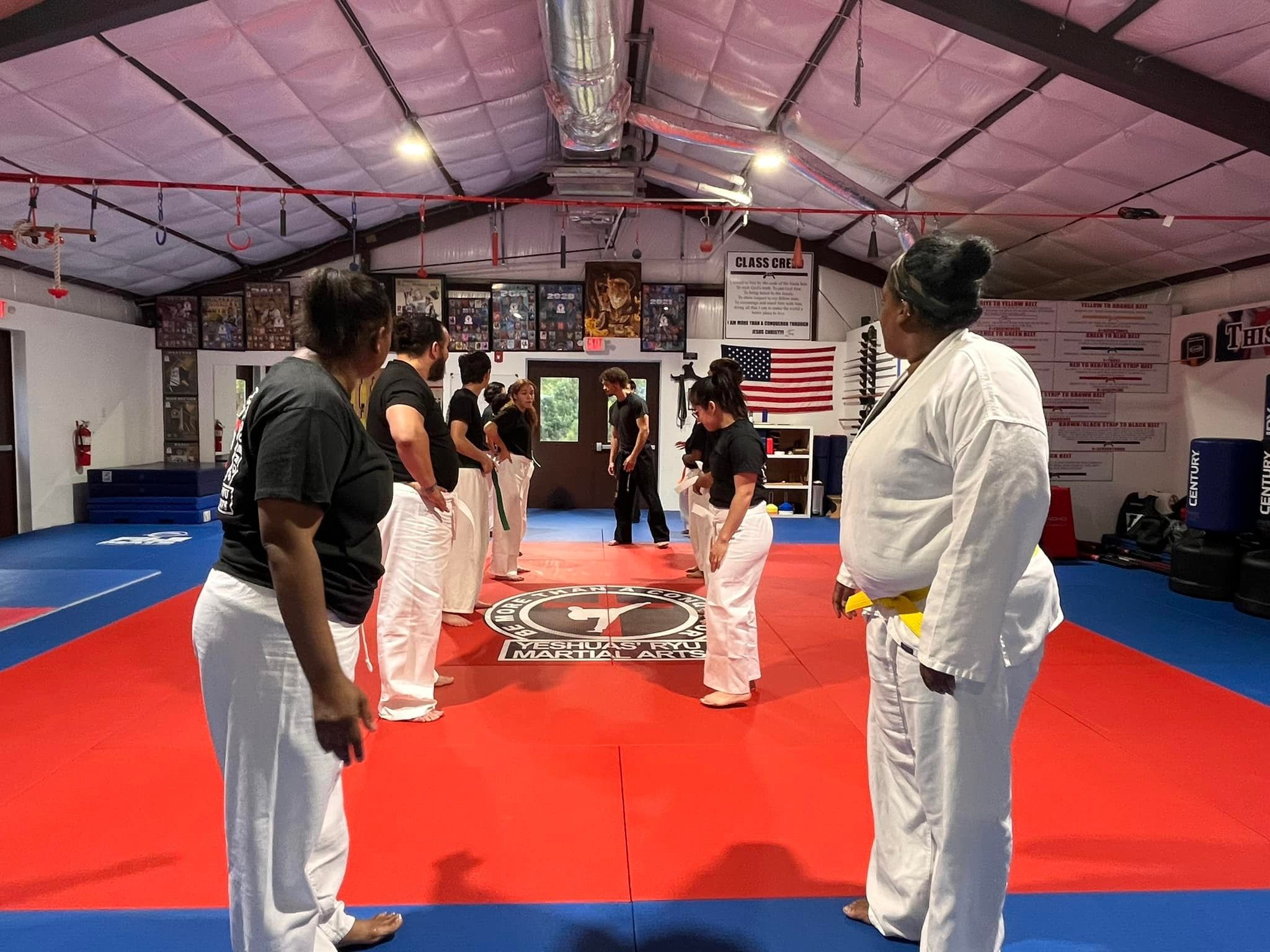 Adult students training on the dojo mat